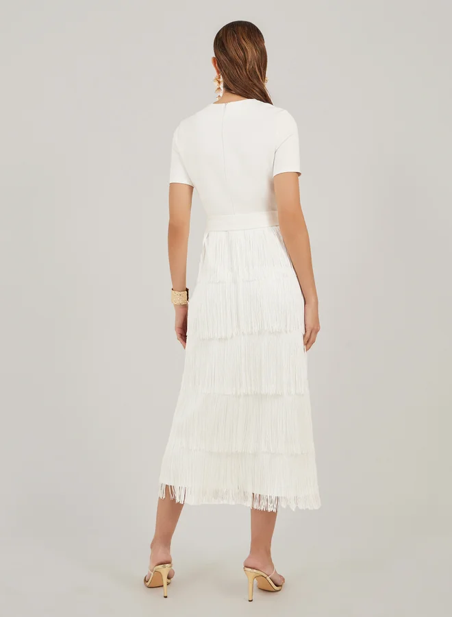 Styli Styli Fringe Hem Detail Short Sleeves Sheath Midi Dress