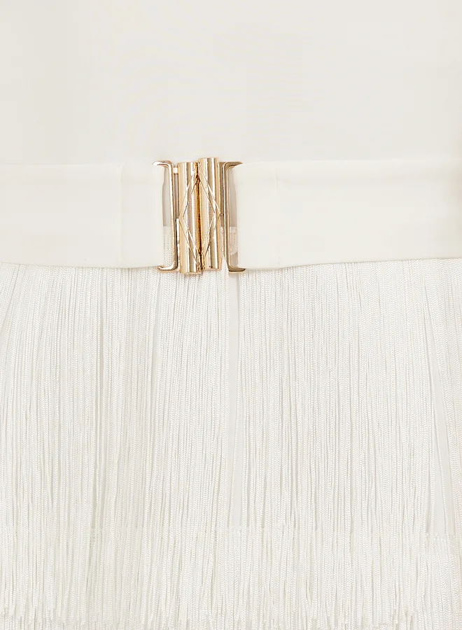 Styli Styli Fringe Hem Detail Short Sleeves Sheath Midi Dress
