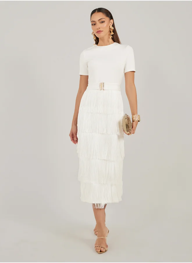 Styli Styli Fringe Hem Detail Short Sleeves Sheath Midi Dress