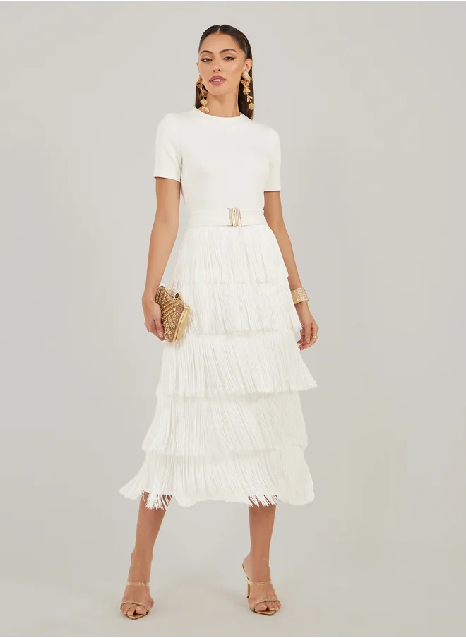 Styli Styli Fringe Hem Detail Short Sleeves Sheath Midi Dress