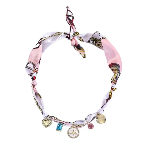 TACBSP Silk Scarf Necklace for Women Gold Coin Bow Flower Star Pearl Scarf Charm Necklace Adjustable Colorfull Statement Choker Necklace Bohemian Summer Beach Holiday Jewelry for Women Pink - Image 1
