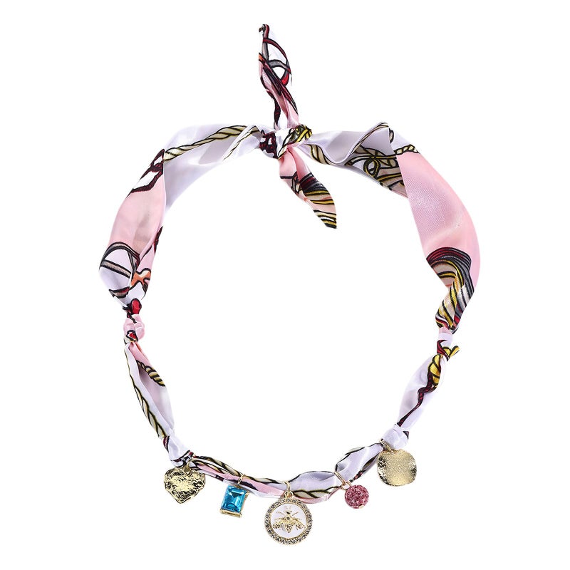 TACBSP Silk Scarf Necklace for Women Gold Coin Bow Flower Star Pearl Scarf Charm Necklace Adjustable Colorfull Statement Choker Necklace Bohemian Summer Beach Holiday Jewelry for Women Pink - Image 2