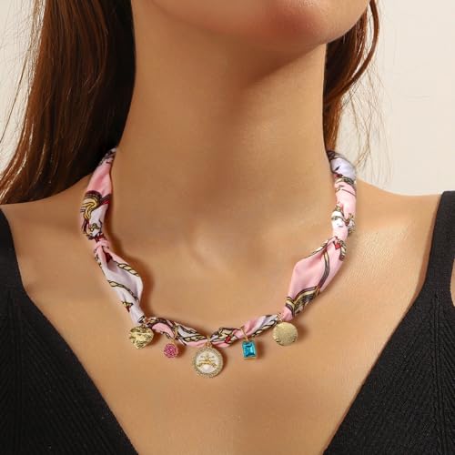 TACBSP Silk Scarf Necklace for Women Gold Coin Bow Flower Star Pearl Scarf Charm Necklace Adjustable Colorfull Statement Choker Necklace Bohemian Summer Beach Holiday Jewelry for Women Pink - Image 3