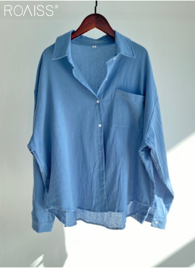 roaiss - Ladies 2 Piece Set New Trend Fashion Classic Solid Color Cotton Linen Shirt Suit Summer Spring Plus Size Clothes for Women Breathable and Cool Long-Sleeve Lapel Shirt Loose Pants - Image 1