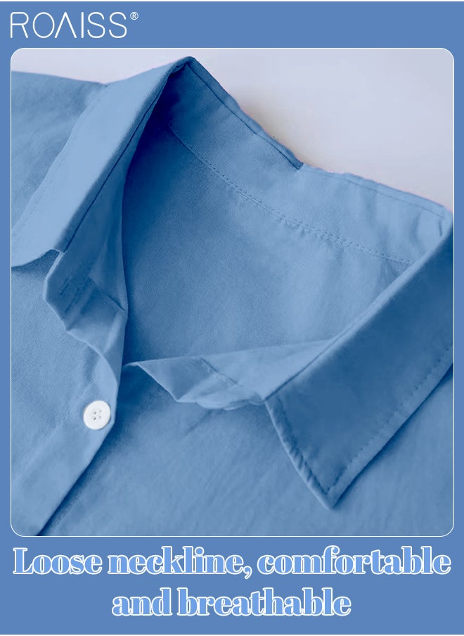 roaiss - Ladies 2 Piece Set New Trend Fashion Classic Solid Color Cotton Linen Shirt Suit Summer Spring Plus Size Clothes for Women Breathable and Cool Long-Sleeve Lapel Shirt Loose Pants - Image 1