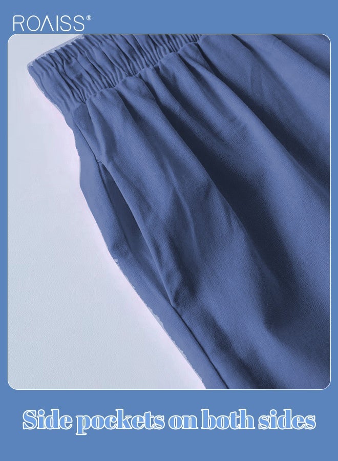 رويس طقم قميص نسائي مكون من قطعتين، قميص كلاسيكي من القطن والكتان بلون واحد، موضة جديدة، ملابس صيفية ربيعية بمقاسات كبيرة للنساء، قميص بأكمام طويلة، ياقة دائرية، بنطال فضفاض، قابل للتنفس، أزرق - Image 5
