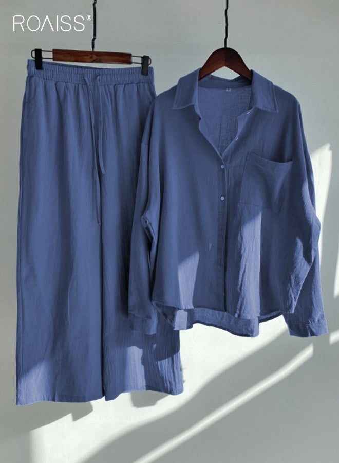 رويس طقم قميص نسائي مكون من قطعتين، قميص كلاسيكي من القطن والكتان بلون واحد، موضة جديدة، ملابس صيفية ربيعية بمقاسات كبيرة للنساء، قميص بأكمام طويلة، ياقة دائرية، بنطال فضفاض، قابل للتنفس، أزرق - Image 1