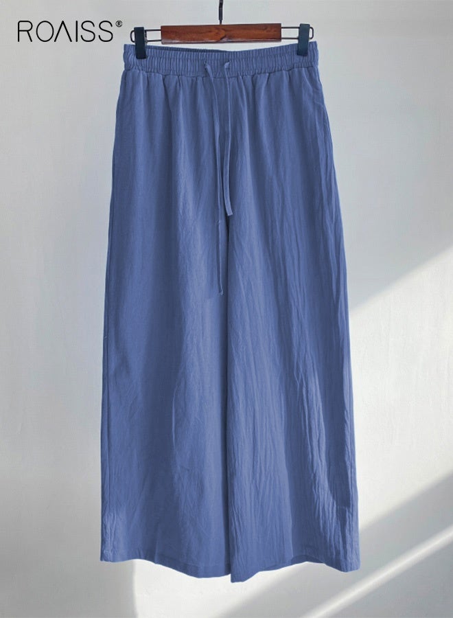 رويس طقم قميص نسائي مكون من قطعتين، قميص كلاسيكي من القطن والكتان بلون واحد، موضة جديدة، ملابس صيفية ربيعية بمقاسات كبيرة للنساء، قميص بأكمام طويلة، ياقة دائرية، بنطال فضفاض، قابل للتنفس، أزرق - Image 3