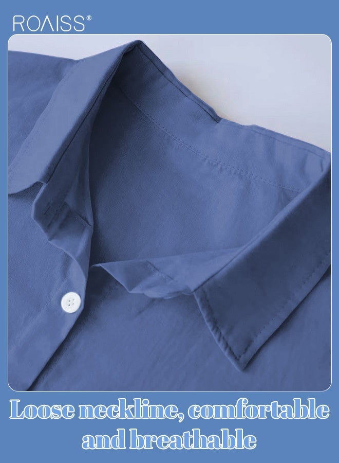 رويس طقم قميص نسائي مكون من قطعتين، قميص كلاسيكي من القطن والكتان بلون واحد، موضة جديدة، ملابس صيفية ربيعية بمقاسات كبيرة للنساء، قميص بأكمام طويلة، ياقة دائرية، بنطال فضفاض، قابل للتنفس، أزرق - Image 4