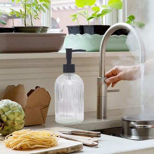 YYTSGG Clear Glass Soap Dispenser with Black Plastic Pump, 13.5oz Refillable Liquid Hand Soap Dispenser, Lotion Dish Soap Dispenser for Modern Home Decor, Bathroom, Kitchen Countertop, Hotel - Image 5