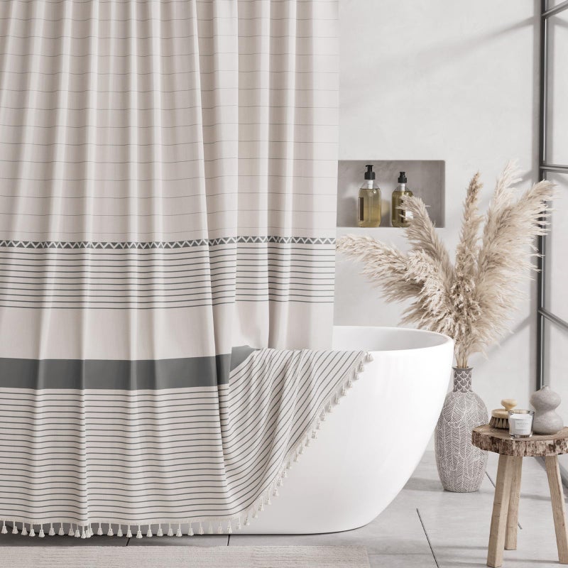 AmazerBath Shower Curtain Set  Grey Shower Curtain Striped Cloth Shower Curtain Tassel Shower Curtain Boho Shower Curtain Linen Shower Curtain with Upgraded Plastic Hooks for Bathroom  72""x72""  Gray - Image 1