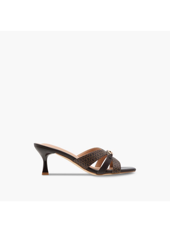 Celeste Women's Monogram Print Slip-On Cross Strap Sandals with Kitten Heels - Image 3