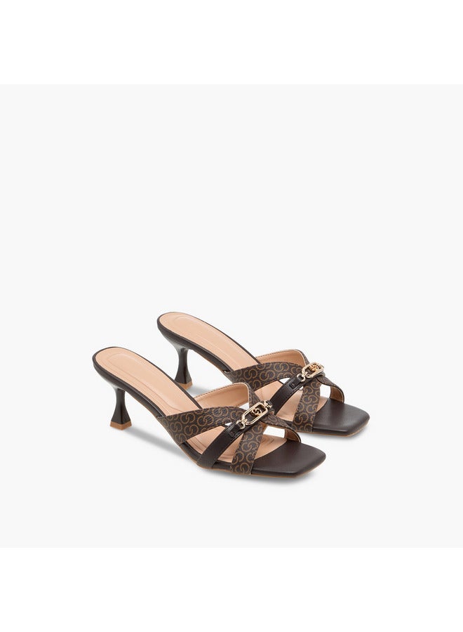 Celeste Women's Monogram Print Slip-On Cross Strap Sandals with Kitten Heels - Image 1