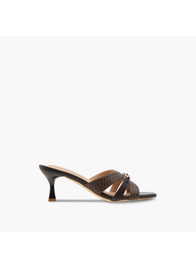 Women's Monogram Print Slip-On Cross Strap Sandals with Kitten Heels