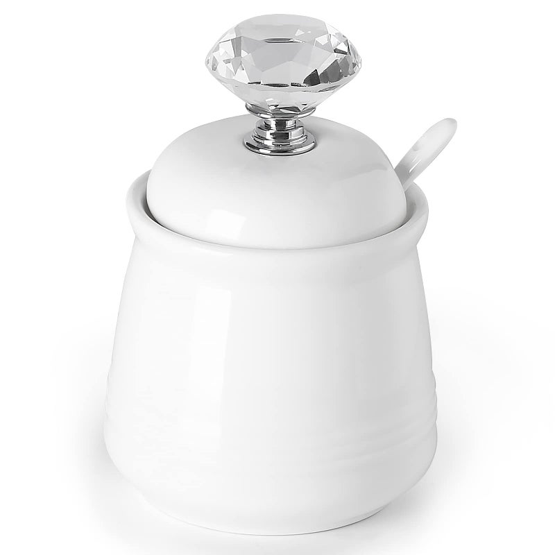 ONTUBE Ceramics Sugar Bowl with Crystal Lid and Spoon 12oz Silver