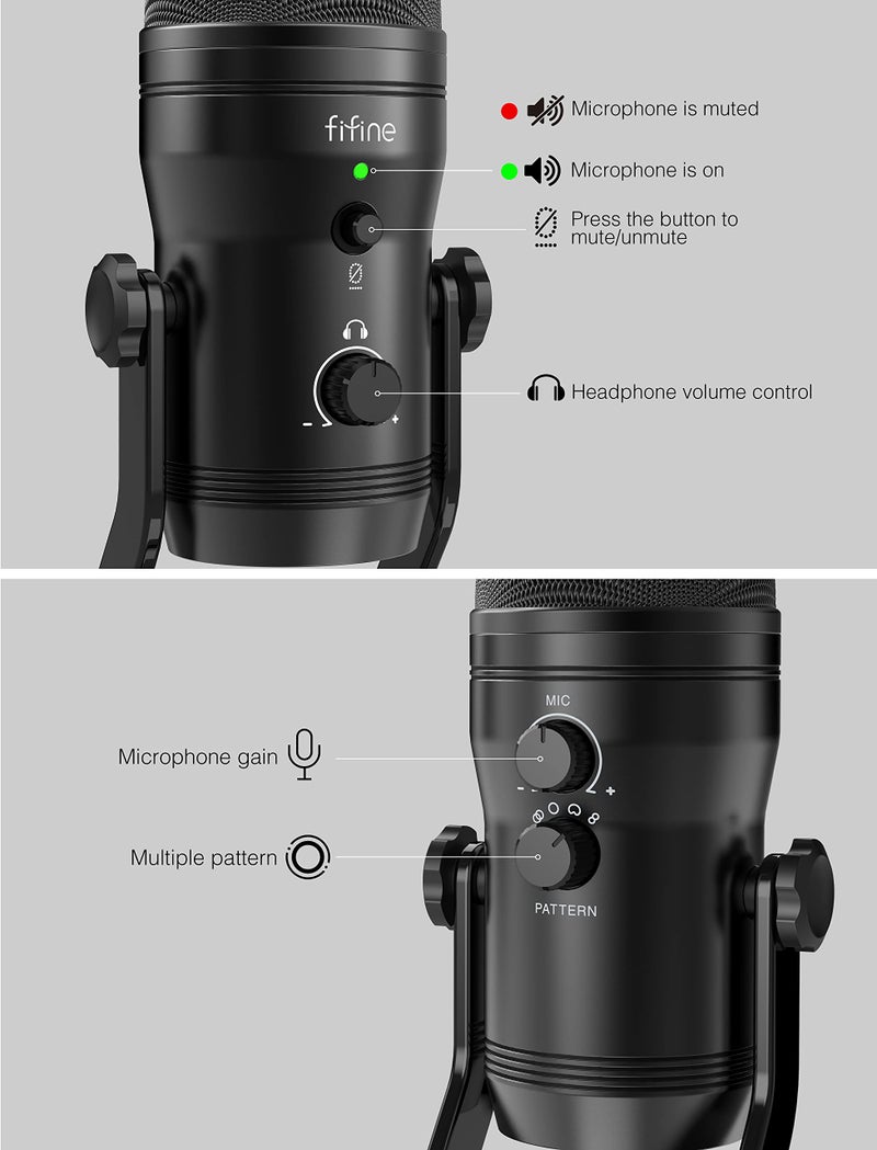 FIFINE ميكروفون استوديو USB من FIFINE لتسجيل الكمبيوتر، ميكروفون بودكاست لجهاز الكمبيوتر، PS4، ماك مع زر كتم الصوت ومدخل سماعة المراقبة، أربعة أنماط التقاط للصوت، بث يوتيوب، ألعاب، ASMR، فصل زوم (K690) - Image 3