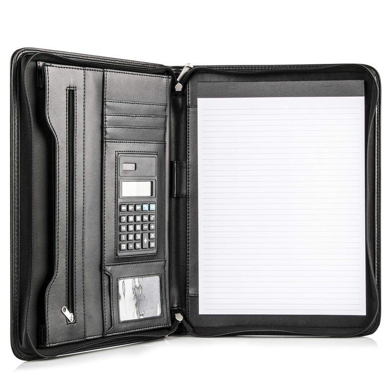 Cossini Black Superior Vegan Leather Business Portfolio with Zipper – Padfolio All-in-One. Smartest Protective 10.1 Inch Tablet Sleeve, Presentation Slot, Solar Calculator, Card Storage, Writing Pad - Image 1