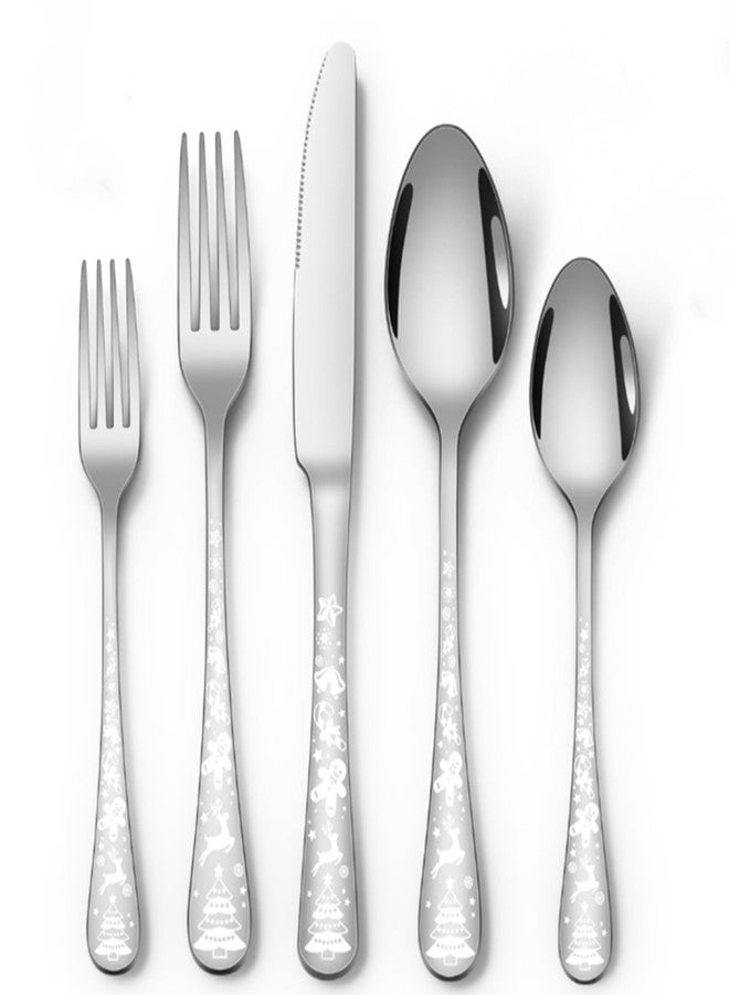 DLEST Silverware Set, 20 Pieces Christmas Design Stainless Steel Square Flatware Cutlery Set for 4, Modern Tableware Eating Utensils for Kitchen, Matte Finish, Dishwasher Safe Silver - Image 1