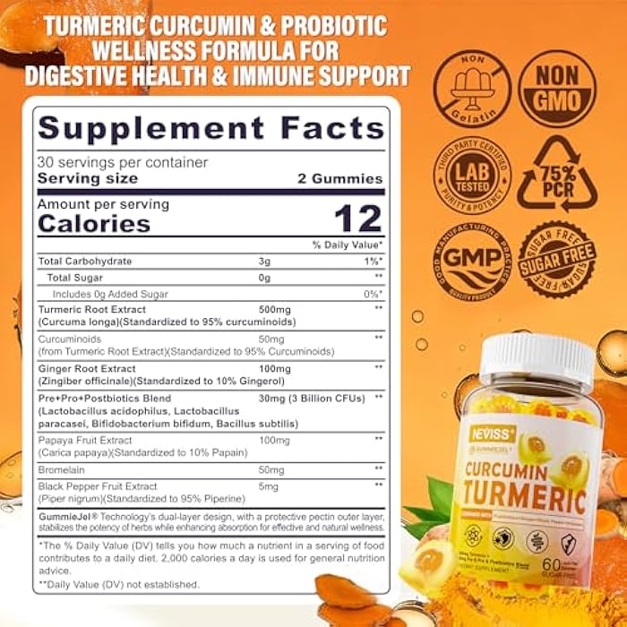 NEVISS Sugar Free Turmeric Curcumin Filled Gummies 550mg for Adults, Ginger & Black Pepper | 95% Curcuminoids w/Prebiotic Probiotic & Postbiotic Blend, Support Immune & Digestive Health, Vegan, 60 Count - Image 2