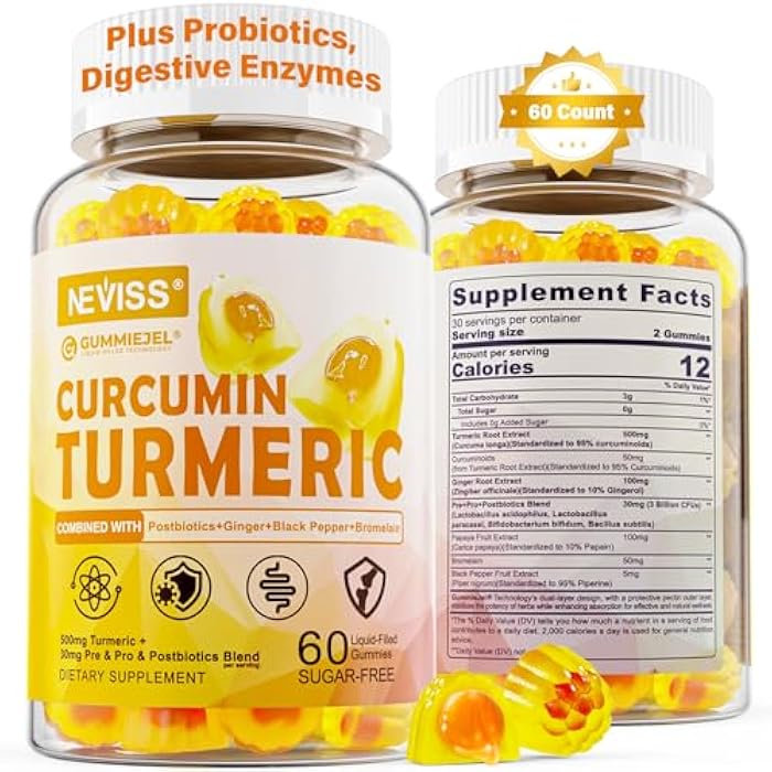 NEVISS Sugar Free Turmeric Curcumin Filled Gummies 550mg for Adults, Ginger & Black Pepper | 95% Curcuminoids w/Prebiotic Probiotic & Postbiotic Blend, Support Immune & Digestive Health, Vegan, 60 Count - Image 1