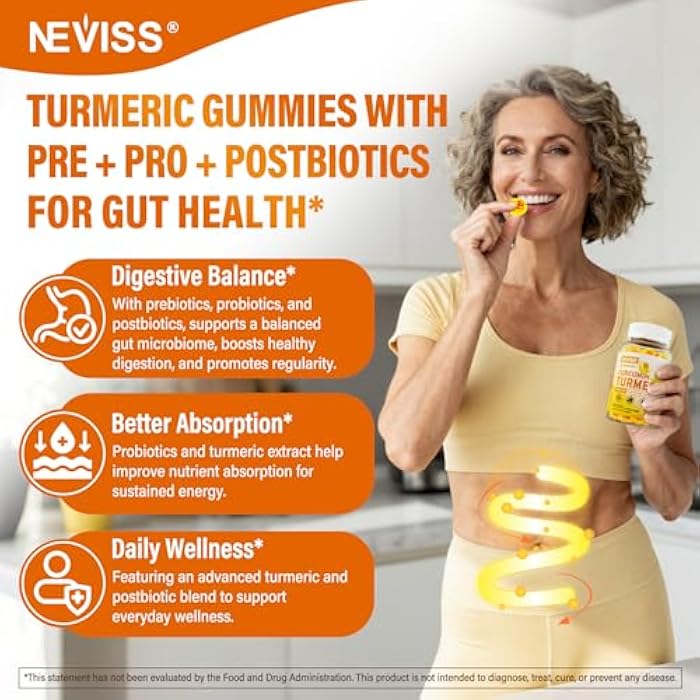 NEVISS Sugar Free Turmeric Curcumin Filled Gummies 550mg for Adults, Ginger & Black Pepper | 95% Curcuminoids w/Prebiotic Probiotic & Postbiotic Blend, Support Immune & Digestive Health, Vegan, 60 Count - Image 4