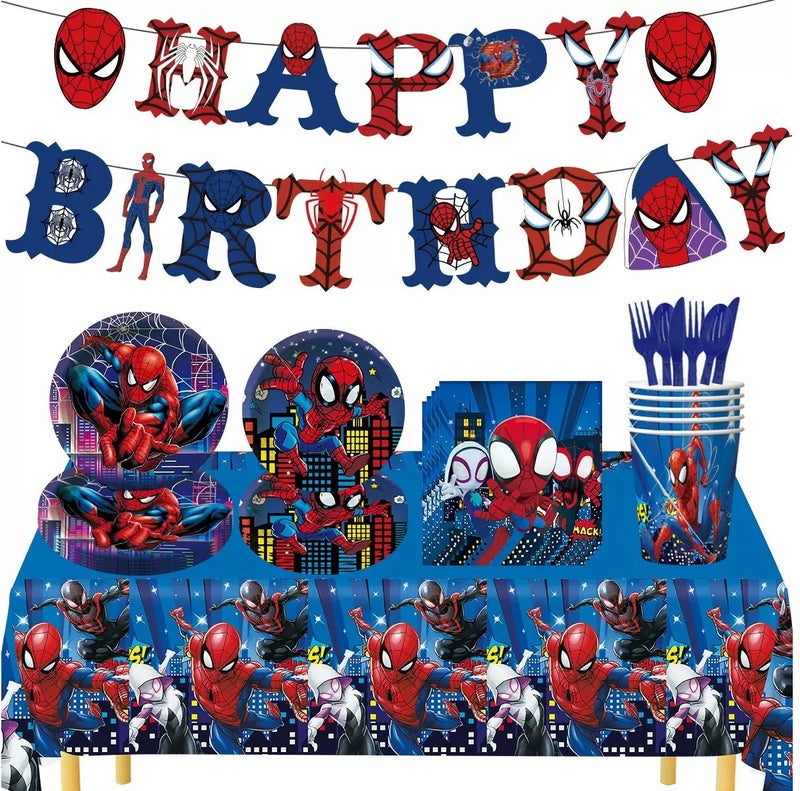 JAYATO 62-Piece Spider-Man Birthday Party Decoration Set, Superhero Flag, Paper Plates, Cups, Napkins, Knives, Forks, Spoons & Tablecloth - Image 1