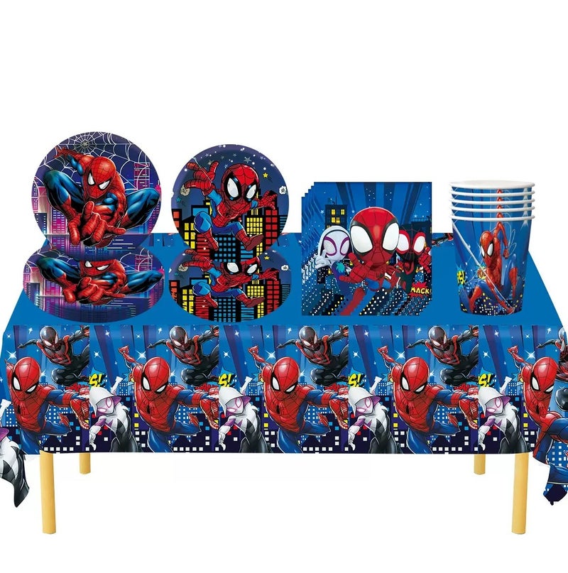 JAYATO 62-Piece Spider-Man Birthday Party Decoration Set, Superhero Flag, Paper Plates, Cups, Napkins, Knives, Forks, Spoons & Tablecloth - Image 2