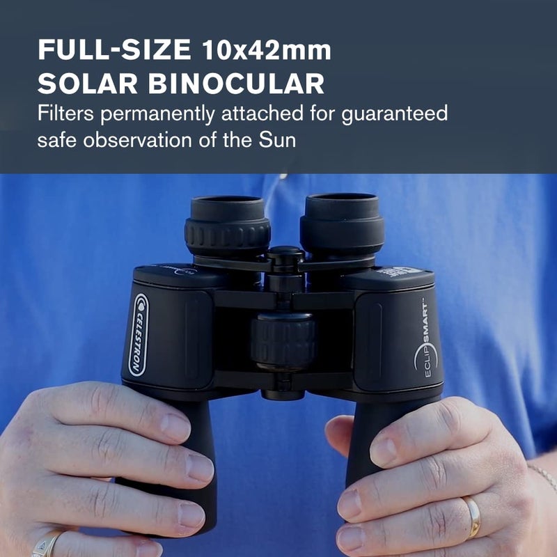 سلسترون Celestron 71238 EclipSmart 10x42 Porro Solar Binoculars - ISO 12312-2 Compliant, Rubber Grip Surface with Multi-Coated Optics, BK7 Glass, Neck Strap and Soft Carry Case, Black - Image 2