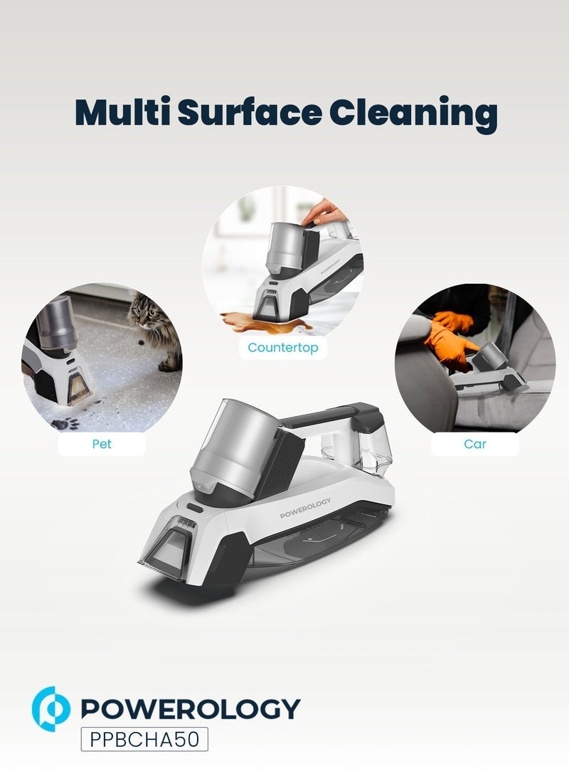 Powerology Cordless Spot Cleaner 60W with 8000Pa Suction Power, Spray, Scrub & Suction, Dual Clean & Dirty Tanks, Multi-Surface Upholstery & Carpet Cleaner, Compact & Portable, USB-C Charging – White - Image 2