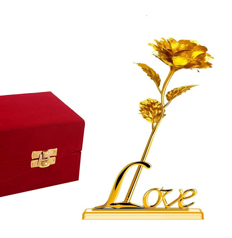 Lavanaya Silver Artificial Rose Gift Box And Love Stand (Gold, 1 Piece) - Image 1