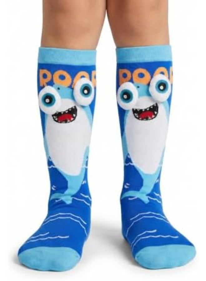 Glitters Kids 3D Shark Knee-High Socks – Fun Baby Shark Design with Plush Pop-Out Eyes – Soft, Colorful & Comfortable Novelty Socks for Boys & Girls - Image 1