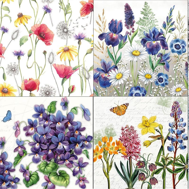 مجموعة مناديل ديكوباج بطبعة زهور 16-4 - 1 منديل من كل تصميم - إجمالي 4 قطع - Image 1