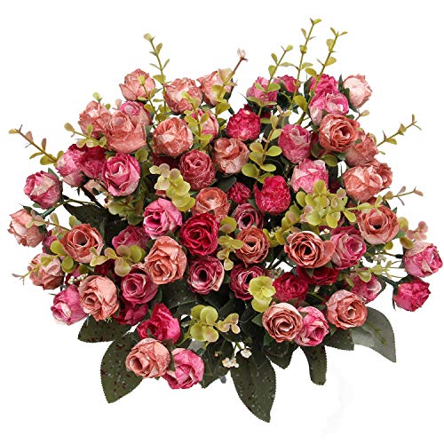 Flojery 21 Heads Silk Rose Bouquet Artificial Flowers Mini Rose for DIY Wedding Bouquets Centerpieces Bridal Shower Party Home Decorations,Pack of 4 （Rose Red） - Image 1