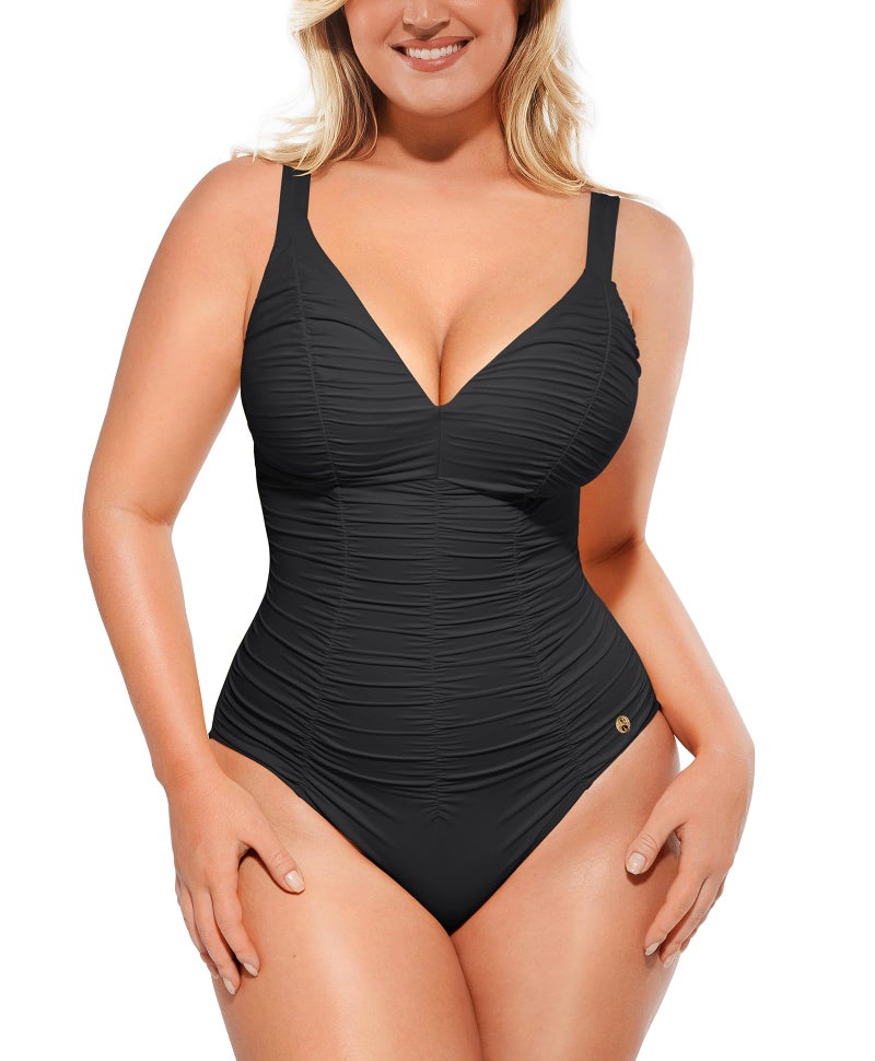 SHAPELLX Womens Tummy Control One Piece Swimsuit Slimming Bathing Suit with Adjustable Lace-Up Back Black Medium - Image 1