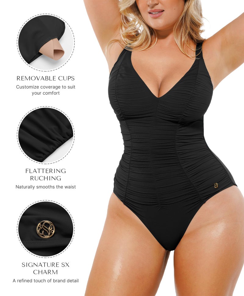 SHAPELLX Womens Tummy Control One Piece Swimsuit Slimming Bathing Suit with Adjustable Lace-Up Back Black Medium - Image 2