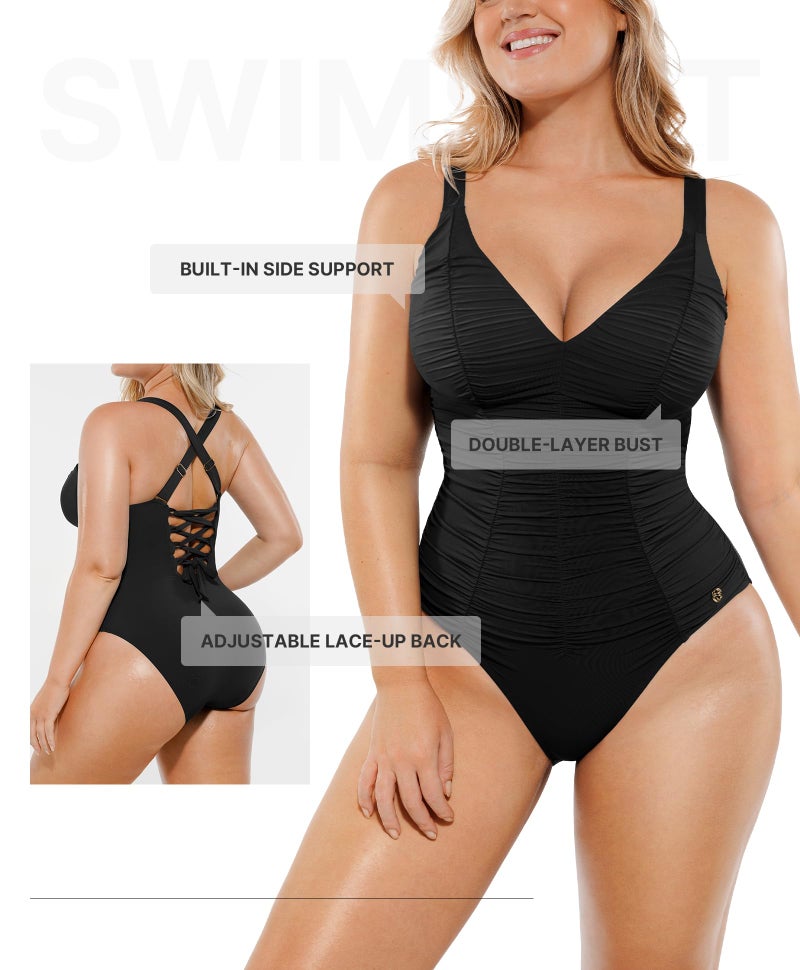 SHAPELLX Womens Tummy Control One Piece Swimsuit Slimming Bathing Suit with Adjustable Lace-Up Back Black Medium - Image 3