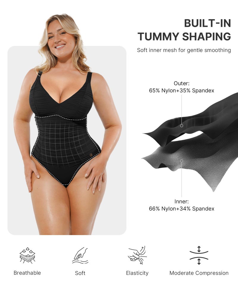 SHAPELLX Womens Tummy Control One Piece Swimsuit Slimming Bathing Suit with Adjustable Lace-Up Back Black Medium - Image 4