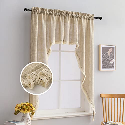 BD BEDA HOME Beda Home Tassel Linen Textured Swag Valances for Farmhouses’ Kitchen; Light Filtering Rustic Short Swag Topper for Small Windows Bedroom Privacy Added Rod Pocket Design, Taupe, 36 x63 inch, 1 Pair - Image 1