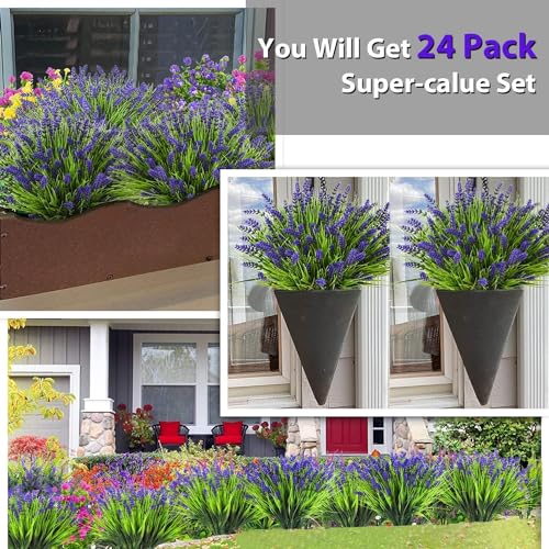 maxkes Artificial Plants Outdoor, 24PCS Lavender Artificial Flowers, UV Resistant Fake Flowers, Faux Flowers for Outdoor Planters for Home Garden Outside Porch Decor - Image 2