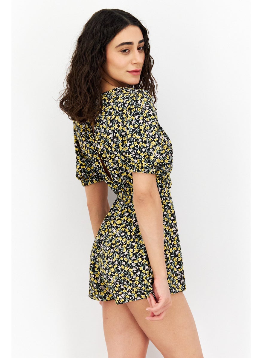 Miss Selfridge Women Petite Floral Print Short Sleeve Playsuit, Black  - Image 4