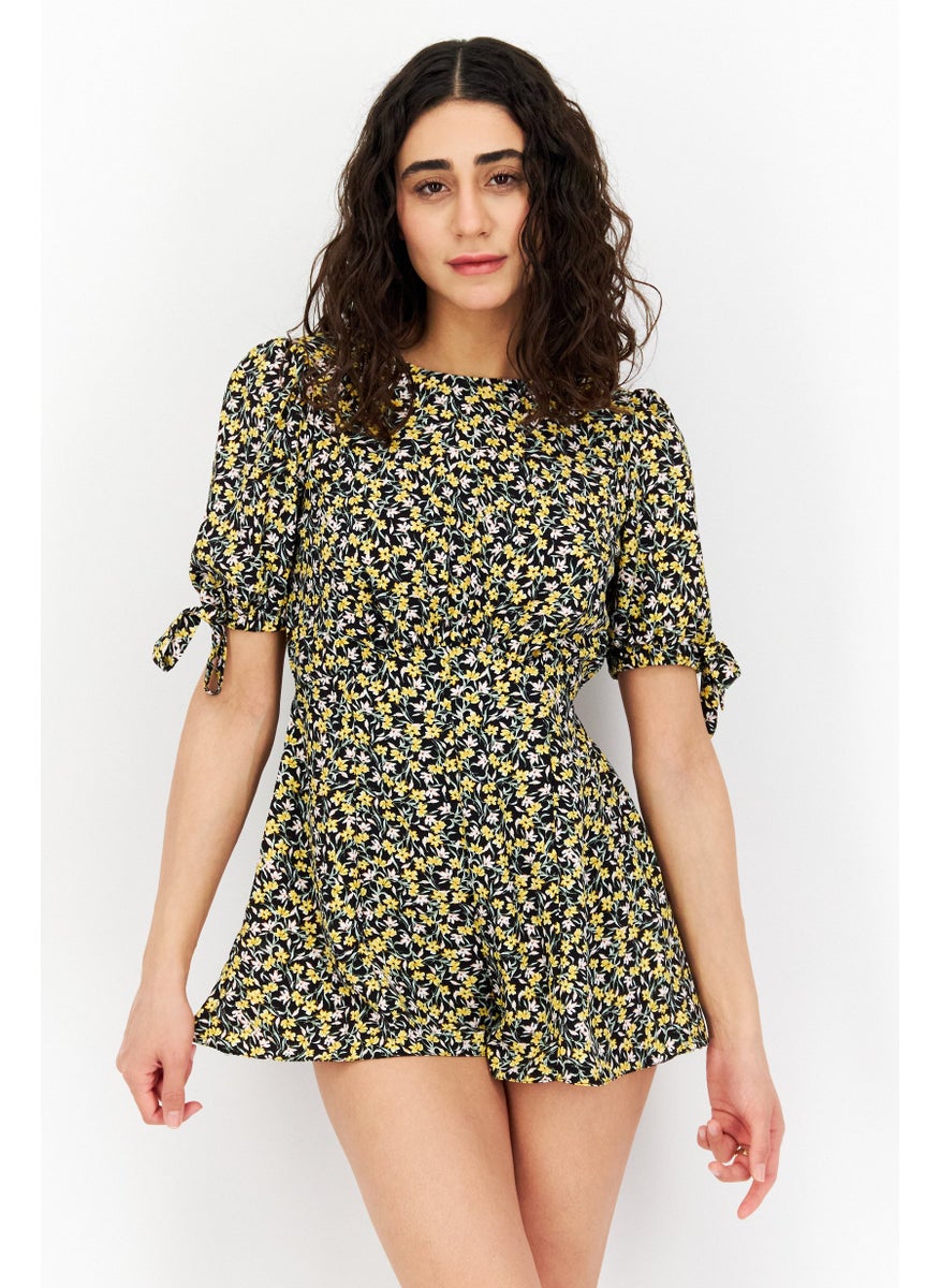 Miss Selfridge Women Petite Floral Print Short Sleeve Playsuit, Black  - Image 1