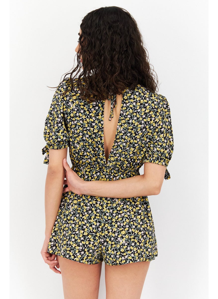 Miss Selfridge Women Petite Floral Print Short Sleeve Playsuit, Black  - Image 3