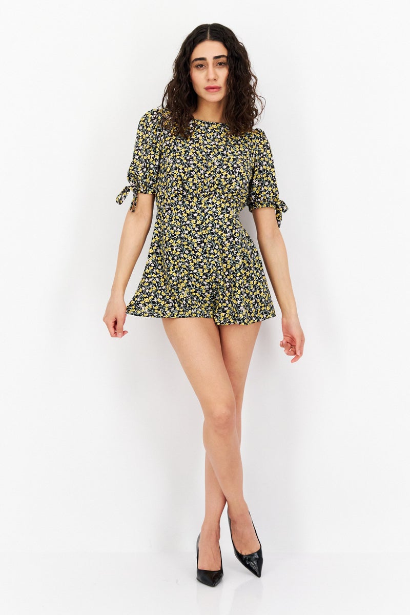 Miss Selfridge Women Petite Floral Print Short Sleeve Playsuit, Black - Image 2