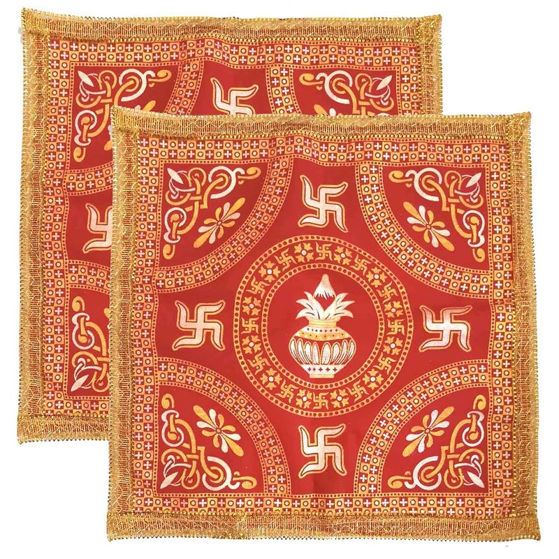 SK CRAFT Handcrafted Red Pooja Chowki AsanChoki Kapda for Pooja Pooja AssanSize45x45 CMPooja Chowki Red AsanChoki Kapda for Pooja Pooja AssanMedium Size Pack of 2 - Image 1