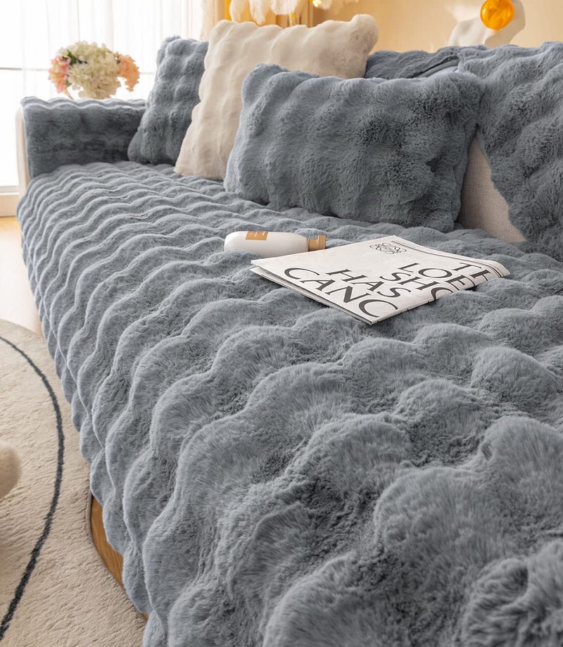 XSlive Soft Warm Faux Fur Couch Sofa Cover Thick Shaggy Fuzzy Sectional Couch Cover Non-Slip Solid Color Plush Sofa Slipcover Furniture Protector for Kids  Pets (Dark Grey 43""x63"") - Image 5