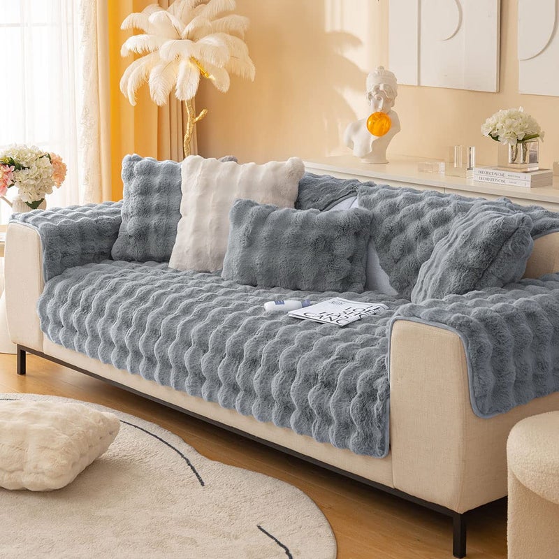 XSlive Soft Warm Faux Fur Couch Sofa Cover Thick Shaggy Fuzzy Sectional Couch Cover Non-Slip Solid Color Plush Sofa Slipcover Furniture Protector for Kids  Pets (Dark Grey 43""x63"") - Image 1