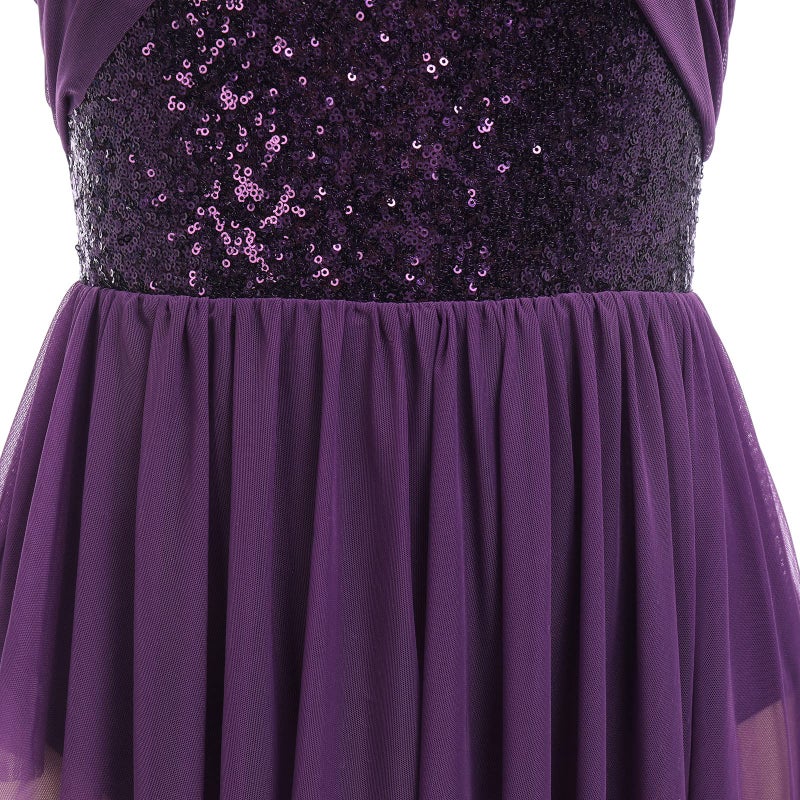 AFAVOM Women's Lyrical Dance Costume Sleeveless V-Neck Sequin Flower Lyrical Dance Dress Asymmetric Flowy Mesh Tulle Skirt Contemporary Dance Costumes Ballet Leotard Dancewear Purple S - Image 5