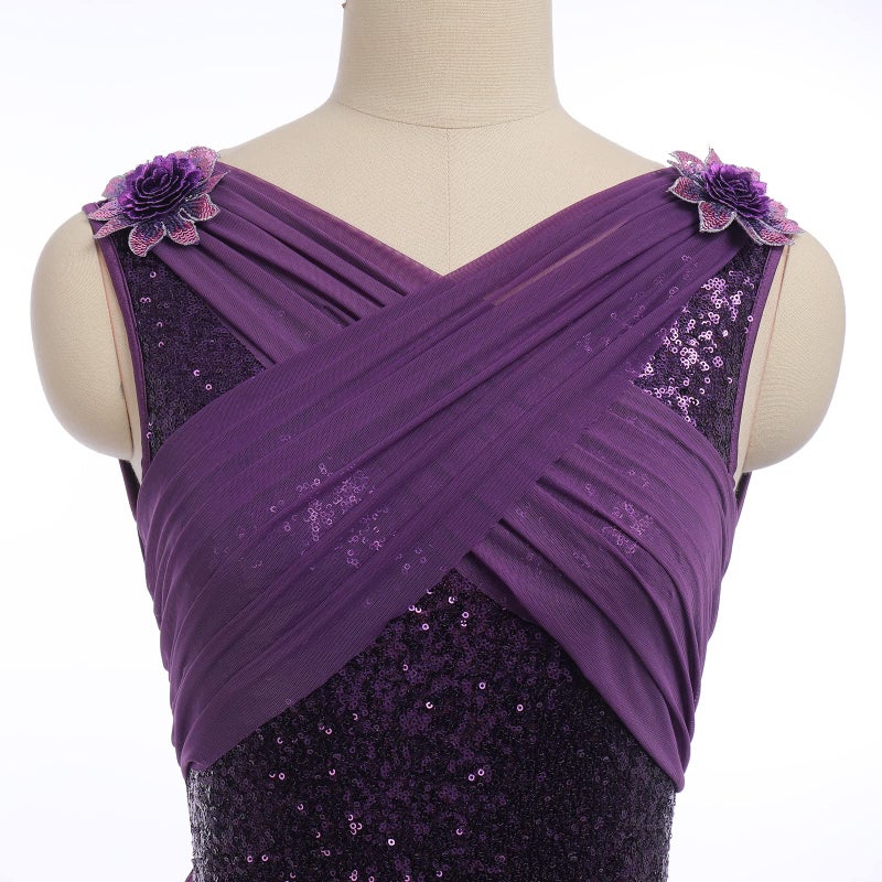 AFAVOM Women's Lyrical Dance Costume Sleeveless V-Neck Sequin Flower Lyrical Dance Dress Asymmetric Flowy Mesh Tulle Skirt Contemporary Dance Costumes Ballet Leotard Dancewear Purple S - Image 2