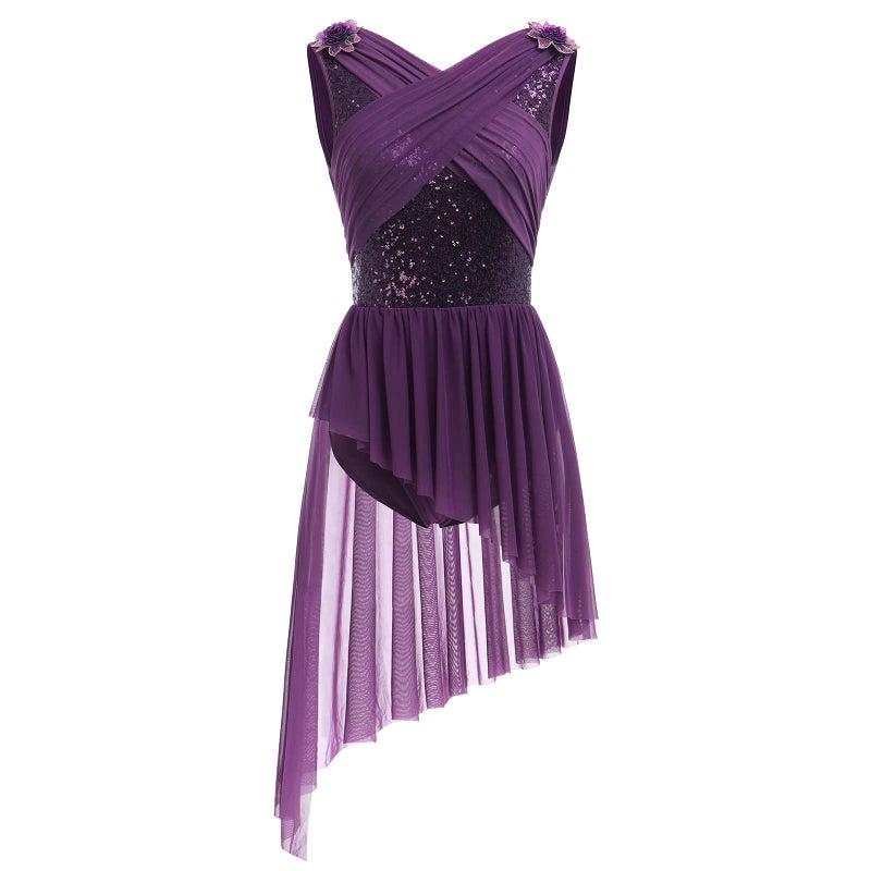 AFAVOM Women's Lyrical Dance Costume Sleeveless V-Neck Sequin Flower Lyrical Dance Dress Asymmetric Flowy Mesh Tulle Skirt Contemporary Dance Costumes Ballet Leotard Dancewear Purple S - Image 1