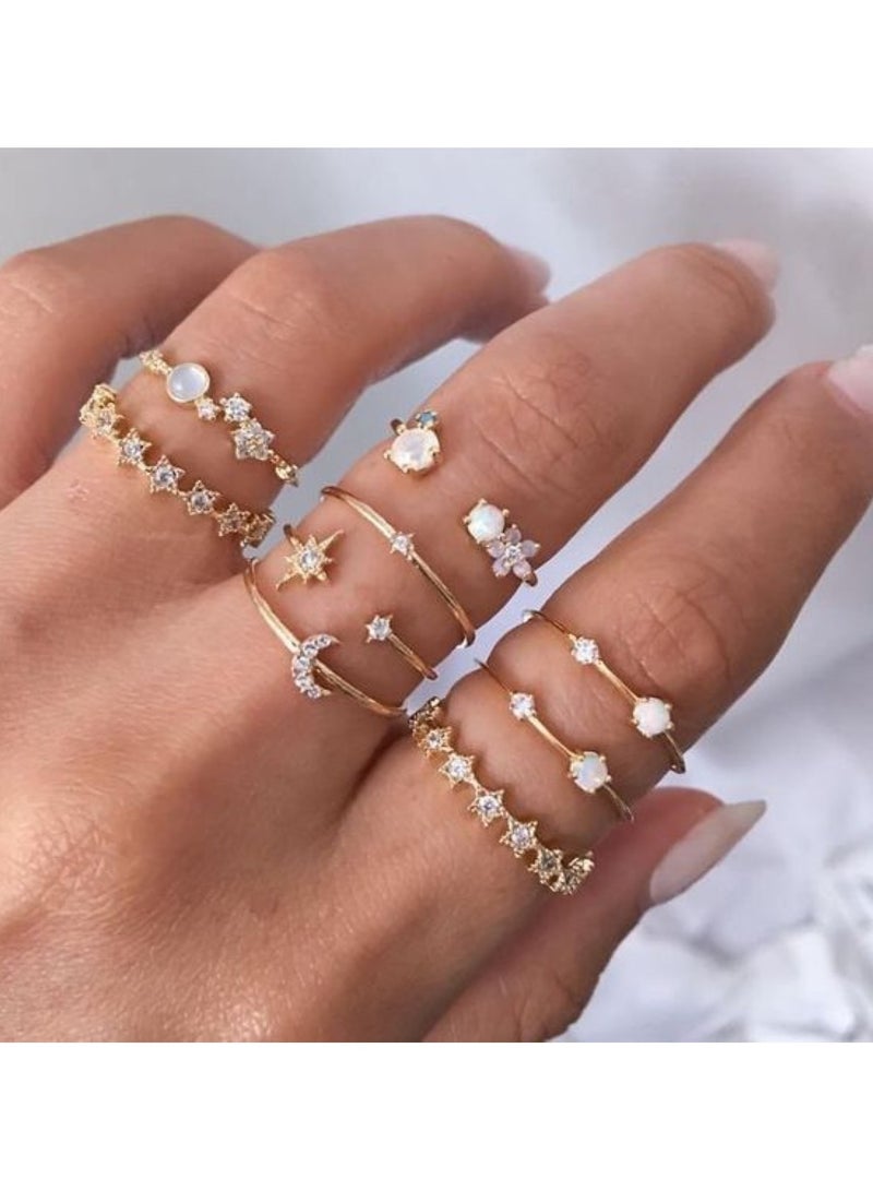 Huitich Elegant 9-Piece Gold Colour Crystal Ring Set Fashionable Alloy Rings for Women  - Image 2
